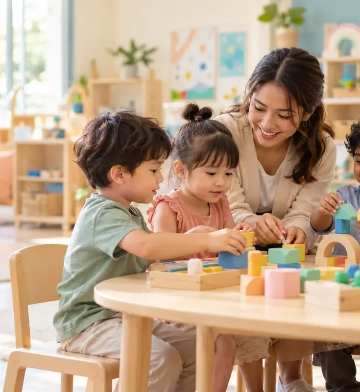 A teacher and two young children building with wooden blocks at a classroom table